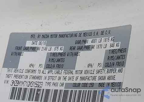 2016 Mazda 3 I Touring z USA, uszkodzony, nr VIN 3MZBM1M71GM315923